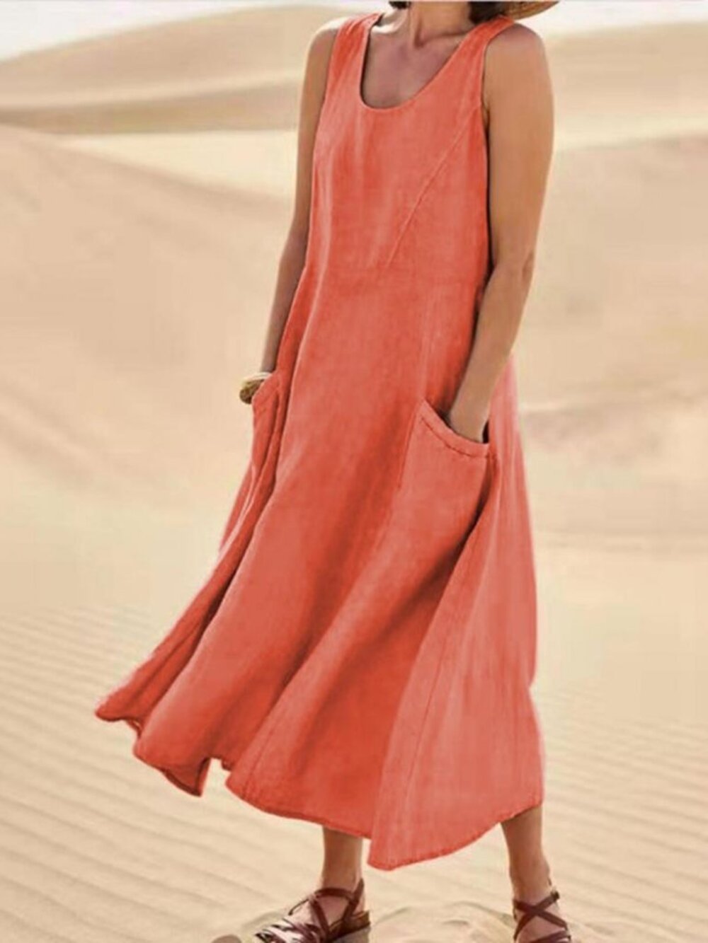 Women’s Watermelon Red Sleeveless A-Line Maxi Dress with Pockets – Casual Loose